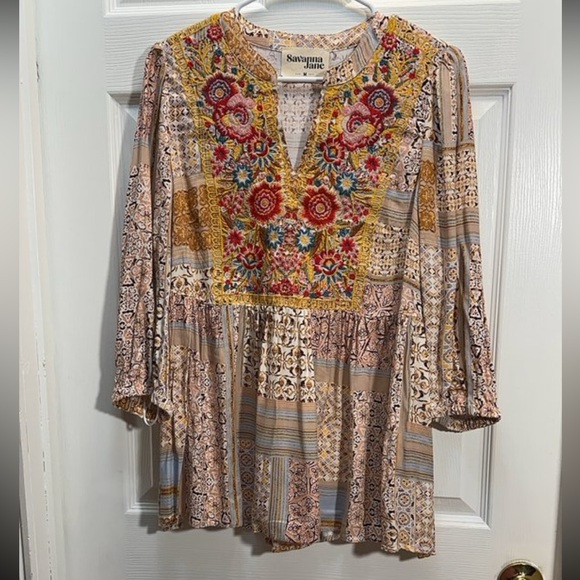 Savanna Jane Tops - Savanna Jane Multicolor Embroidered V-Neck Tunic with Floral Yoke